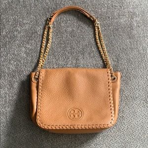 Tory Burch Marion Flap Camel Pebble Leather Purse